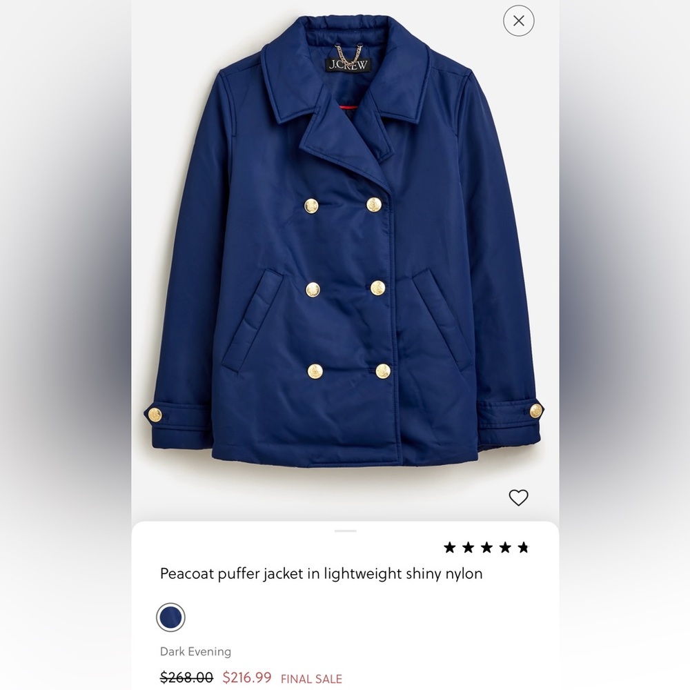 Brand new J.Crew peacoat puffer jacket size M